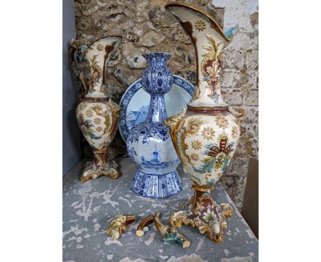 Ceramics to include a Delft pottery bulb vase, a Boch Delft ware charger, and a pair of 19th century Austro German pottery ew