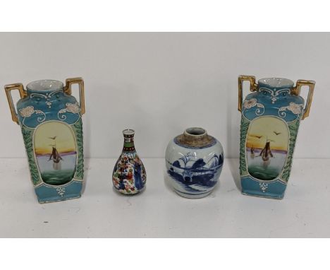 Oriental ceramics to include a Chinese blue and white ginger jar, a clobbered vase and a pair of Noritake vasesLocation: 