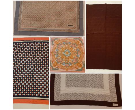 A group of vintage silk scarves to include a Tiffany &amp; co scarf, a Parisian Jean Desprez cream and brown silk scarf with 