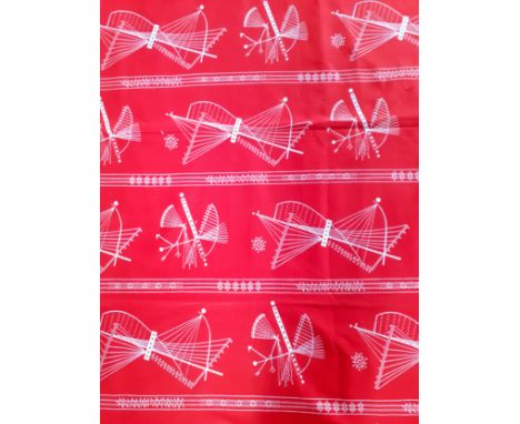 Heal and Son, London- Two 1956 remnants of screen printed cotton 'Nautilus' furnishing fabric in red and white designed by Ma