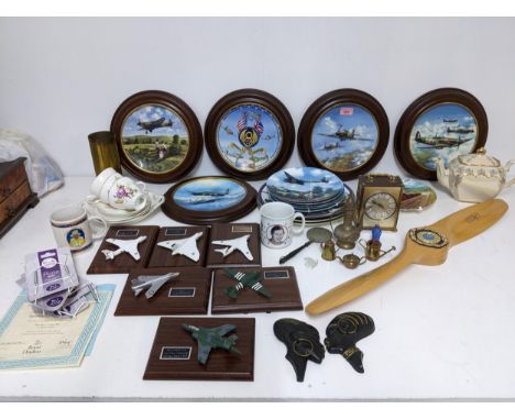 A mixed lot to include Coalport limited edition aviation collectors plates, some mounted in frames, a Spine Targets wooden pr