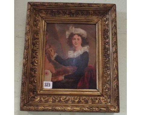 A gilt framed oil on panel portrait of a seated female artist at work unsigned image size approx 9x7"