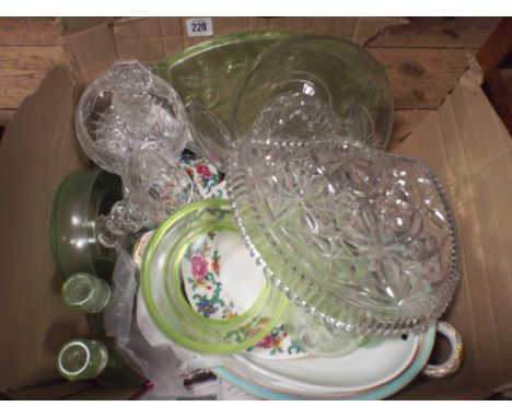 Green glass dressing table sets, tureen, Suzie coouper vase, sundry china etc 