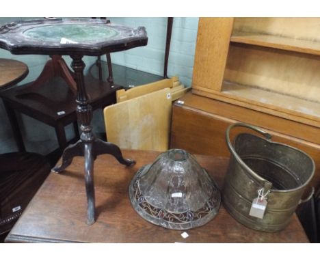 Wine table, copper bucket and a glass lamp shade