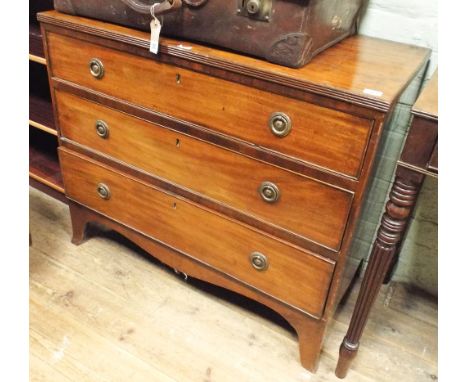 19th century mahogany chest of 3 long drawers with press brass circular handles on splayed bracket feet 92cms wide, height 70