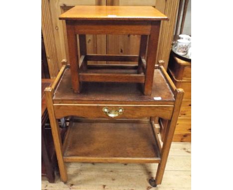 Two tier oak tea trolley fitted drawer and an oak occasional table 