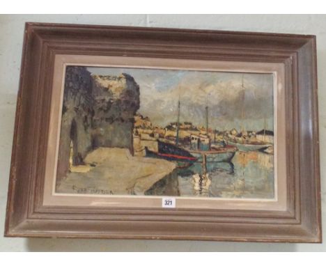 A large 20th century oil on canvas painting depicting fishing boats in a port signed R Lee Forestier image size 121/2 x 21" a