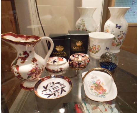 A collection of Masons iron stone, trinket jars, jugs, Aynsley cottage garden vases and a Caithness paperweight 