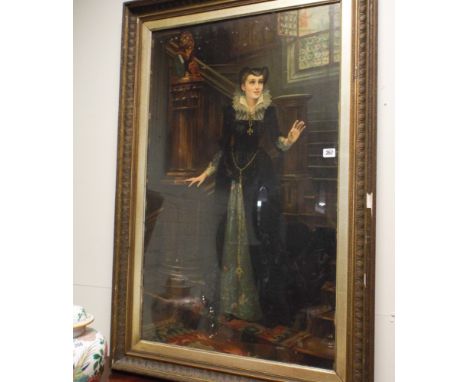 Large Victorian romantic full length portrait print of a Tudor lady