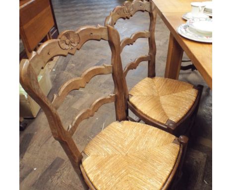 Set of six French ladder back dining chairs with rush seats 