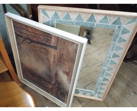 Two long cream and gilt mirrors, one mirror with tile effect surround and a picture 