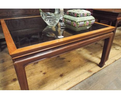 Chinese hardwood square coffee table with inset smoked glass top 