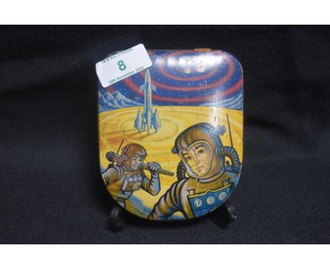 An early 20th century confectionary tin with lithograph print of Atomic space men