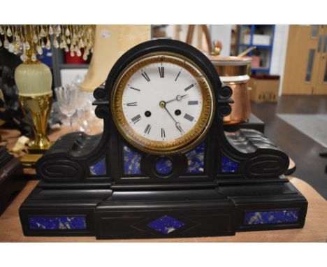 A Victorian French drum head mantel clock in slate with Lapis Lazuli inserts and enamel dial.
No chips damage or restoration 