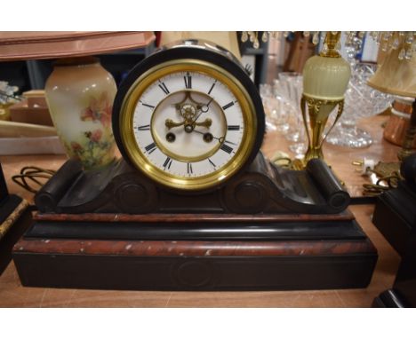 A fine Victorian slate and red marble Drum head mantel clock S. Marti striking clock, fourteen day run with visible escapemen