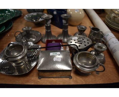 A selection of pewter wares including Norway candle sticks, A.E Poston box, chamber stick and LRI Borrowdale dish