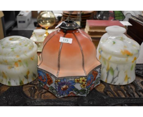 Siz early 20th century glass light shades including mottled glass, printed and etched.
