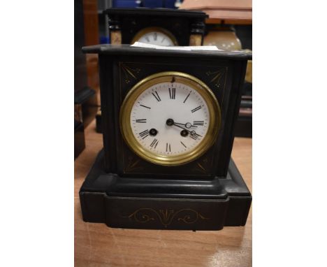 A Victorian slate mantel clock French striking movement with enamel dial