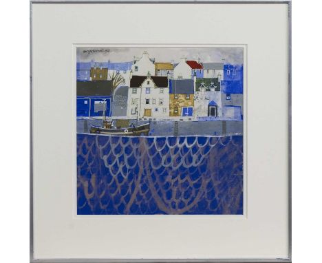 * GEORGE BIRRELL (SCOTTISH b. 1950),BLUE HARBOUR, CRAILmixed media on paper, signed and dated 1981, titled versoimage size 26