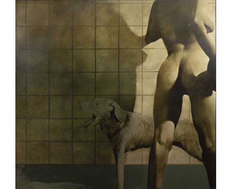* NEIL DALLAS BROWN (SCOTTISH 1938 - 2003),NUDE AND HOUND AGAINST A WALLoil on board, signed, titled and dated 1979 label ver