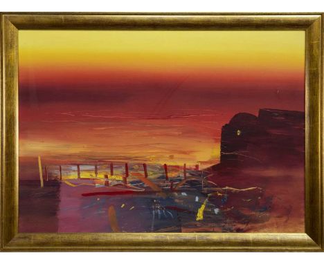* CHRIS BUSHE RSW (SCOTTISH b. 1958),RED SKIESoil on boardimage size 62cm x 87cm, overall size 74cm x 99cm Framed and under g