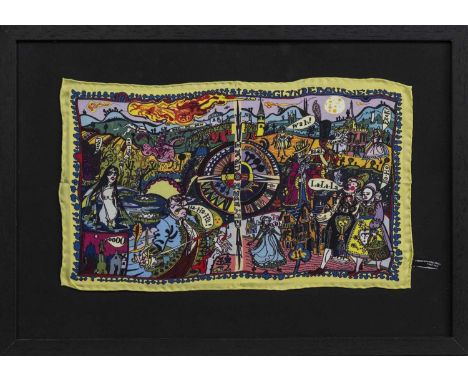 * GRAYSON PERRY RA (BRITISH b. 1960),GLYNDEBOURNE 2017silk image size 23cm x 38cm, overall size 36cm x 51cm Mounted, framed a