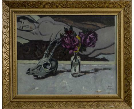 * JOHN MILLER RSA PRSW (SCOTTISH 1911 - 1975),SKULL &amp; VASE oil on board, signedimage size 40cm x 50cm, overall size 54cm 