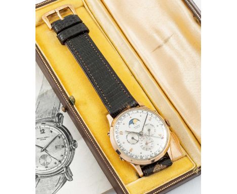 A RARE GENTLEMAN'S 14K SOLID GOLD RECORD DATOFIX MOONPHASE TRIPLE CALENDAR WRIST WATCHCIRCA 1950, REF. 1121 WITH BOX & ORIGIN