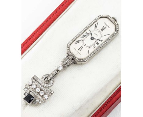 A FINE & RARE LADIES PLATINUM & ONYX CARTIER PARIS BTE S.G.D.G PENDANT WATCHCIRCA 1920s WITH CARTIER BOXMovement: 18J, manual