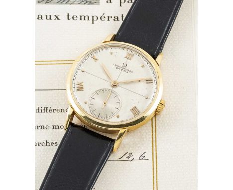 A RARE GENTLEMAN'S 18K SOLID YELLOW GOLD OMEGA RG CHRONOMETRE WRIST WATCHCIRCA 1947, REF. 10763270 WITH ORIGINAL OMEGA CHRONO