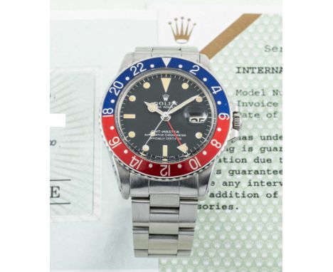 A GENTLEMAN'S STAINLESS STEEL ROLEX OYSTER PERPETUAL DATE GMT MASTER "PEPSI" BRACELET WATCHCIRCA 1970, REF. 1675 WITH "LONG E