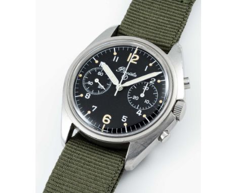 A RARE GENTLEMAN'S STAINLESS STEEL BRITISH MILITARY PRECISTA RAF PILOTS CHRONOGRAPH WRIST WATCHDATED 1981, PART OF THE "FAB F