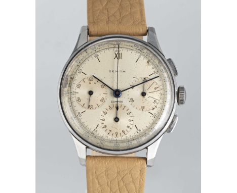 A GENTLEMAN'S LARGE SIZE STAINLESS STEEL ZENITH COMPAX CHRONOGRAPH WRIST WATCHCIRCA 1950s, REF. 22506 Movement: Manual wind, 