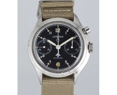 A GENTLEMAN'S STAINLESS STEEL BRITISH MILITARY LEMANIA SINGLE BUTTON RAF PILOTS CHRONOGRAPH WRIST WATCHDATED 1956Movement: 17