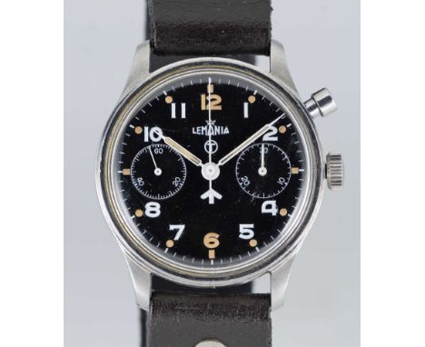 A GENTLEMAN'S STAINLESS STEEL BRITISH MILITARY ROYAL NAVY LEMANIA SINGLE BUTTON CHRONOGRAPH WRIST WATCHCIRCA 1950s, SECOND SE