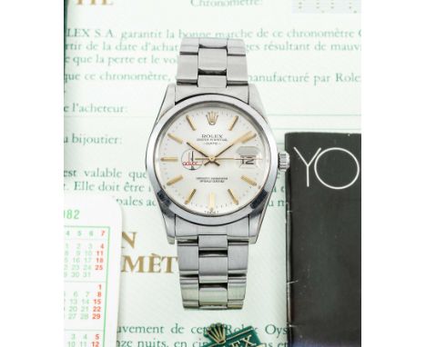 A RARE GENTLEMAN'S STAINLESS STEEL ROLEX OYSTER PERPETUAL DATE BRACELET WATCHCIRCA 1982, REF. 15000 WITH ADWOC COMPANY LOGO D