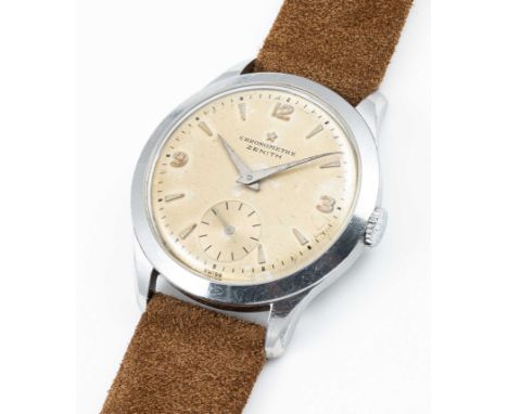 A RARE GENTLEMAN'S STAINLESS STEEL ZENITH CHRONOMETRE WRIST WATCHCIRCA 1950, FIRST SERIES WITH MANUAL WIND CAL. 135 CHRONOMET
