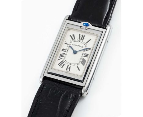 A GENTLEMAN'S STAINLESS STEEL CARTIER TANK BASCULANTE "JUMBO" MECANIQUE WRIST WATCHCIRCA 2000s, REF. 2390 WITH GUILLOCHE DIAL
