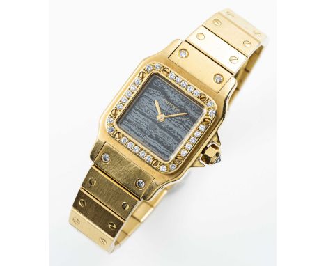 A FINE LADIES 18K SOLID GOLD & DIAMOND CARTIER SANTOS CARREE BRACELET WATCHCIRCA 1990s, WITH ORIGINAL FERRITE STONE DIALMovem