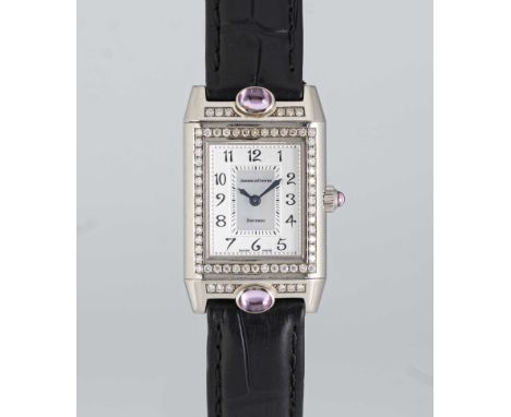 A FINE LADIES 18K SOLID WHITE GOLD, DIAMOND & SAPPHIRE JAEGER LECOULTRE JOAILLERIE REVERSO WRIST WATCHDATED 2000s, REF. 267.3