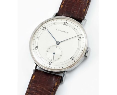 A RARE GENTLEMAN'S LARGE SIZE STAINLESS STEEL LONGINES WRIST WATCHDATED 1942, REF. 22097 WITH TWO TONE SILVER DIAL, ORIGINALL