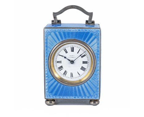 A SOLID SILVER & GUILLOCHE ENAMEL 8 DAY CARRIAGE CLOCK CIRCA 1900Movement: Manual wind with lever escapement platform.Case: D