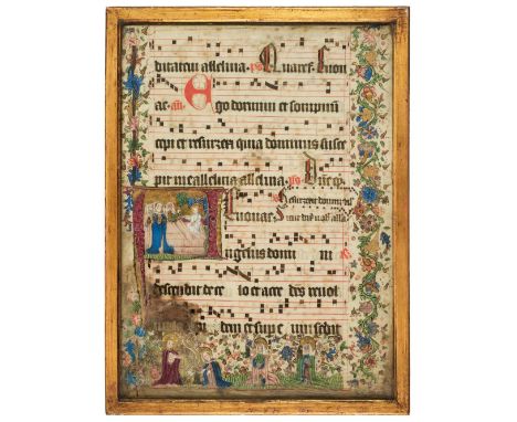 Illuminated Manuscript Antiphonal Leaf. lluminated leaf on vellum from a German antiphonal, probably Rhineland, circa 1450-14