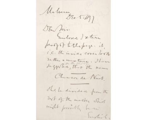 Elgar (Edward, 1857-1934). Autograph letter signed 'Edward Elgar', Malvern, 5th December 1897, to Novello &amp; Co., 'Enclose