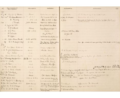 Private patronage. A ledger of private patronage, 1886-1892, a printed ruled ledger with double-page columns for name of appl