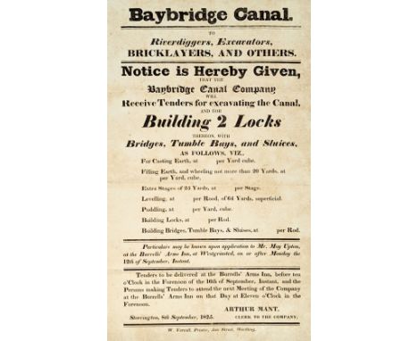 Baybridge Canal, Sussex. A pair of broadsides relating to the canal construction and later closure, 1825 &amp; 1875 respectiv