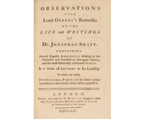 Delany (Patrick). Observations upon Lord Orrery's Remarks on the Life and Writings of Dr. Jonathan Swift [by J. R., i.e. Patr