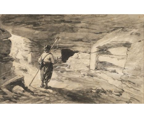 Simpson (William, 1823-1899).  Rock cut tomb,Ancient Kherson, Crimea, 1869, pen and ink and pencil and monochrome wash en gri