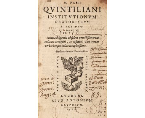 Quintiliani (M. Fabii). Institutionum Oratoriarum Libri Duodecim, Lyon: Antonio Gryphium, 1575; bound with, ... Declamationes