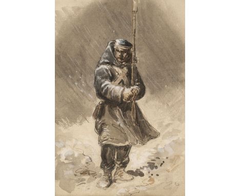 Guys (Constantin, 1802-1892). A Sentry, Crimea, 1854, pen and pencil and watercolour with bodycolour on thin buff card, light